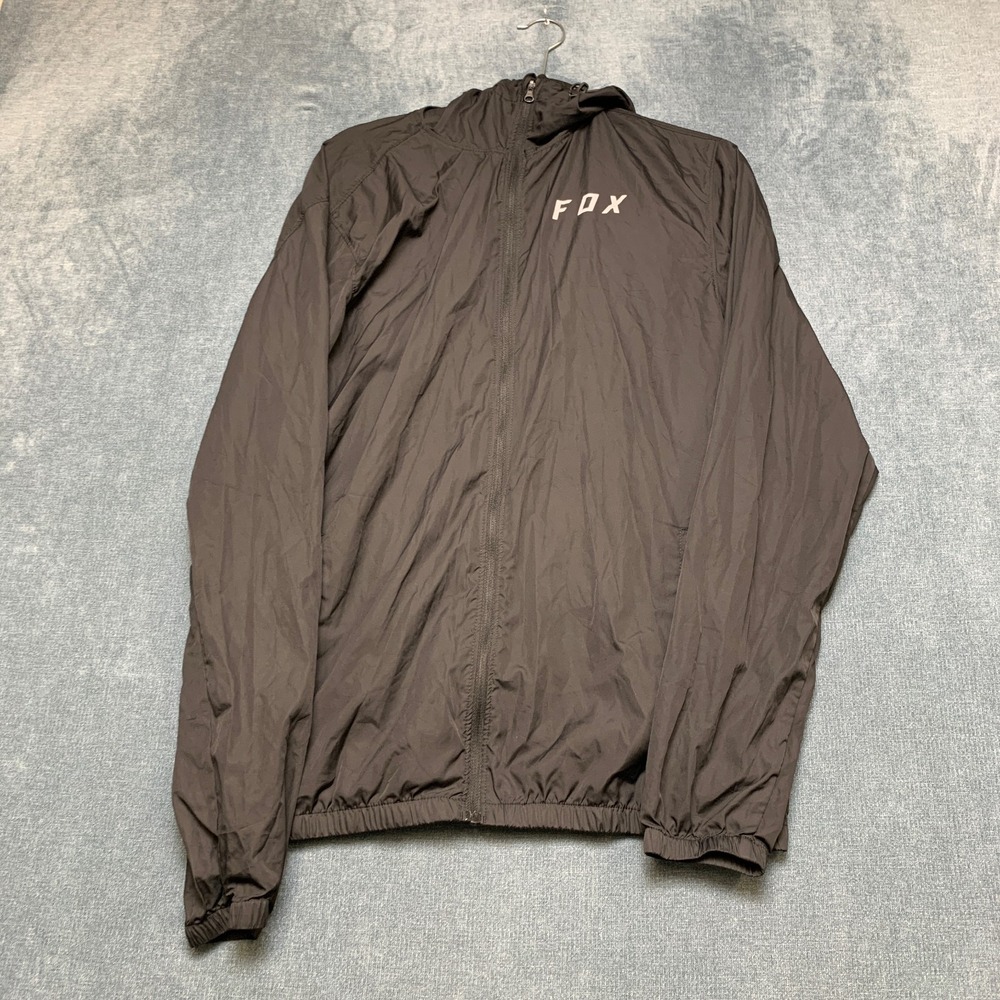 Fox Racing Windbreaker Jacket Men Large Black Lined Graphic Logo Hooded Full Zip
